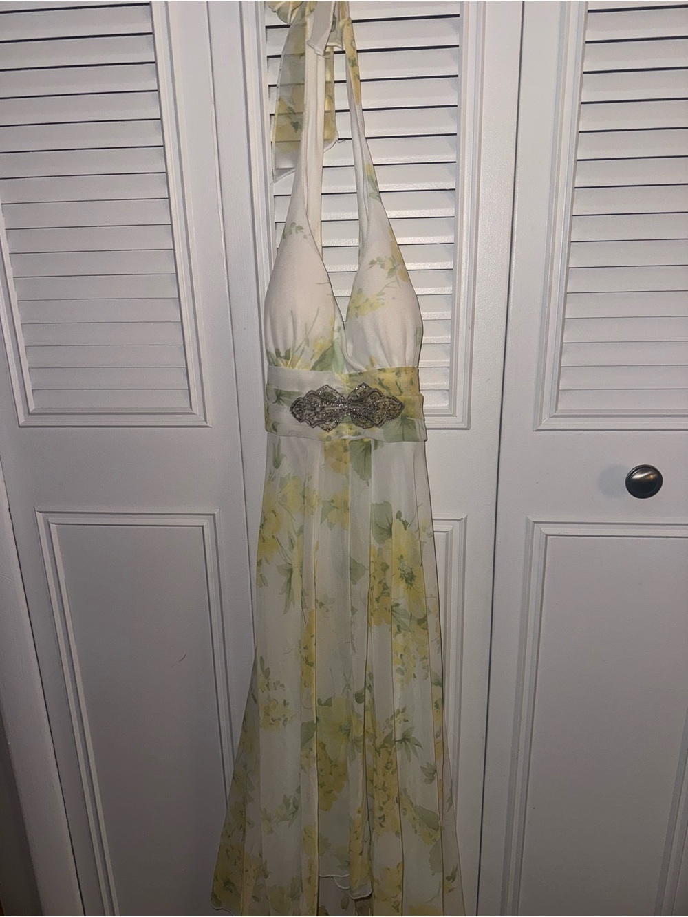 Ruby Rox Pale Yellow and Cream Halter Backless Maxi Dress